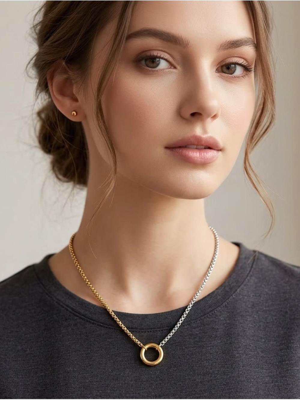 Two-Tone Gold & Silver Circle Pendant Necklace - Women Jewelry